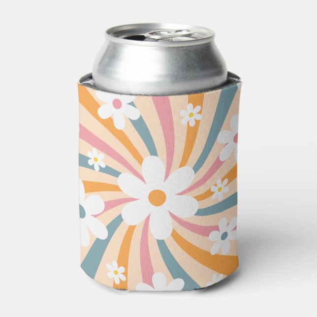 Retro Groovy Colourful Sunshine Daisy Floral Hippi Can Cooler (Can Front)