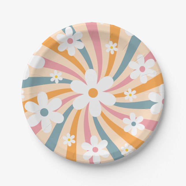 Retro Groovy Colourful Sunshine Daisy Floral Hippi Paper Plate (Front)