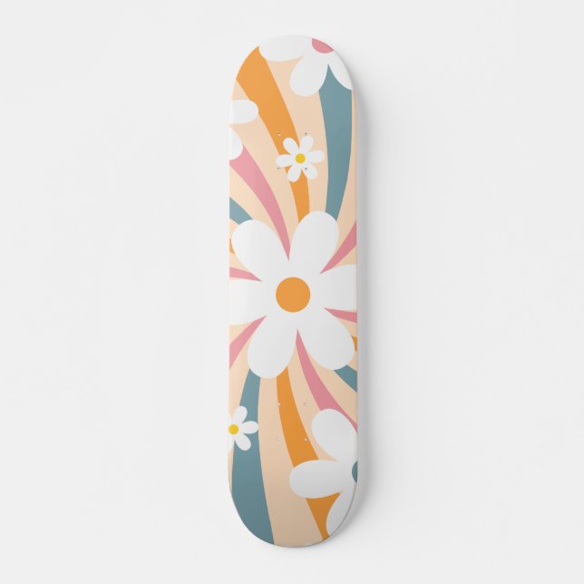 Retro Groovy Colourful Sunshine Daisy Floral Hippi Skateboard (Front)