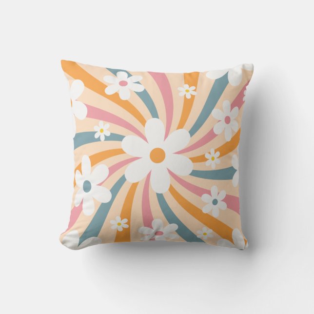 Retro Groovy Colourful Sunshine Daisy Floral Hippi Throw Pillow (Front)