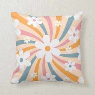 Retro Groovy Colourful Sunshine Daisy Floral Hippi Throw Pillow