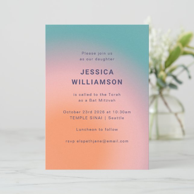 Retro Groovy Colourful Teal Pink Orange Bat Mitzva Invitation (Standing Front)