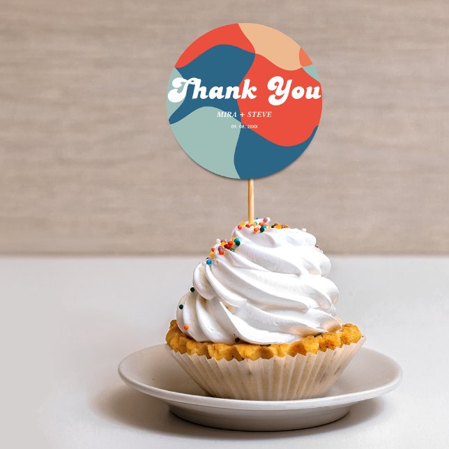 Retro groovy colourful thank you Wedding Classic Round Sticker (Creator Uploaded)