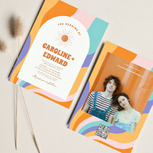 Retro Groovy Colourful Wavy Boho Wedding Qr Code  Invitation