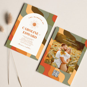 Retro Groovy Colourful Wavy Boho Wedding Qr Code  Invitation