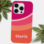 Retro Groovy Curve Pink Orange Personalized iPhone 15 Pro Case<br><div class="desc">Abstract modern groovy curved stripe design in shades of pink and orange with personalized name in a retro font. The custom name features a drop shadow in a contrasting colour for a fun 1970s 3D effect.</div>