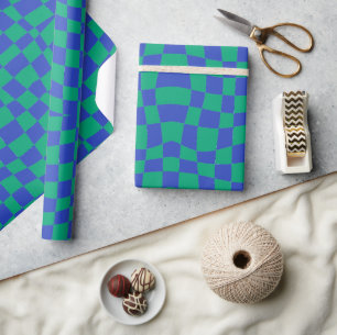retro groovy cute blue green wavy checkered  wrapping paper