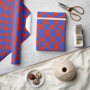 retro groovy cute blue red wavy checkered  wrapping paper