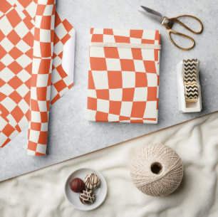 retro groovy cute orange wavy checkered  wrapping paper
