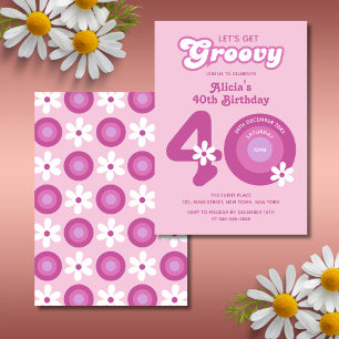 Retro Groovy Daisies Bold Pink 40th Birthday Invitation