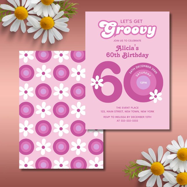 Retro Groovy Daisies Bold Pink 60th Birthday Invitation (Creator Uploaded)