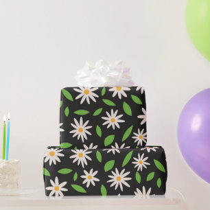 Retro Groovy Daisies Pattern on Black Birthday Wrapping Paper