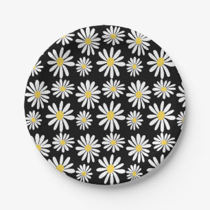 Retro Groovy Daisies Spring Daisy Boho Black Paper Plate