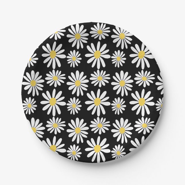 Retro Groovy Daisies Spring Daisy Boho Black Paper Plate (Front)
