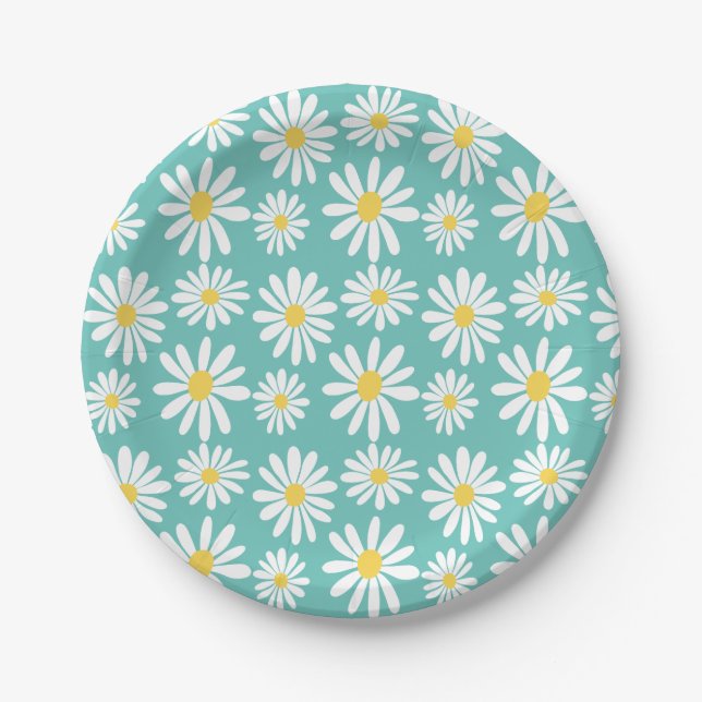 Retro Groovy Daisies Spring Daisy Boho Light Blue Paper Plate (Front)