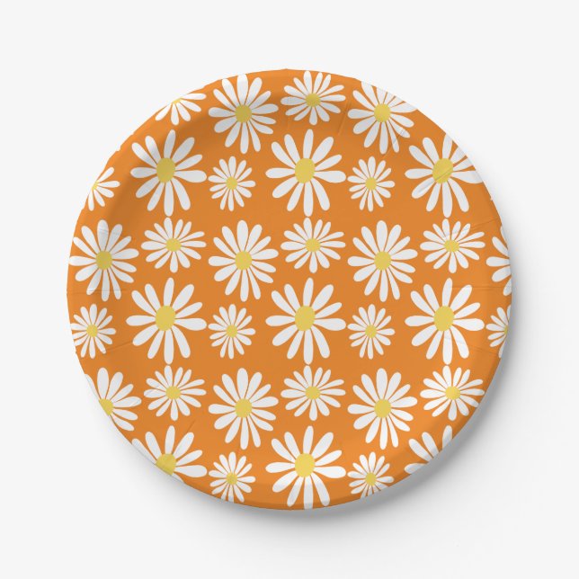 Retro Groovy Daisies Spring Daisy Boho Orange Paper Plate (Front)