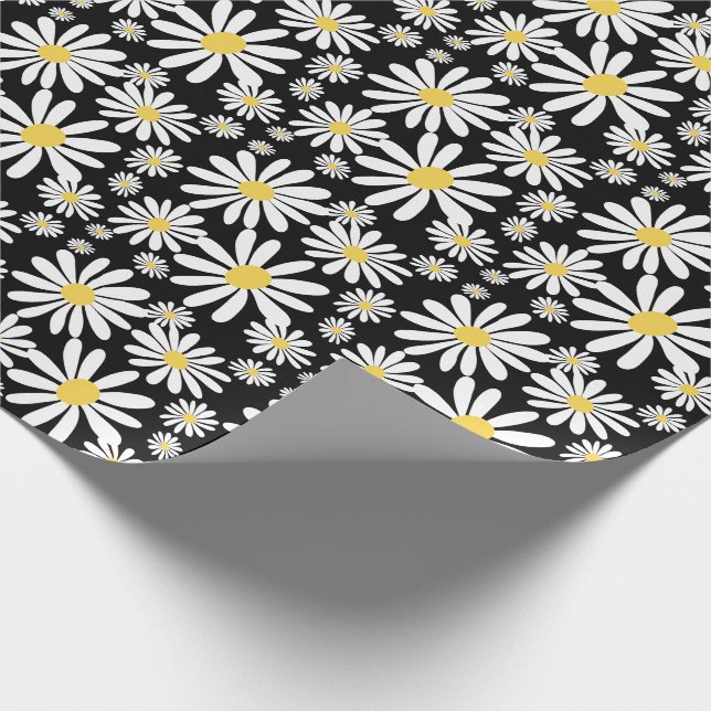 Retro Groovy Daisies Spring Pattern Black Wrapping Paper (Corner)