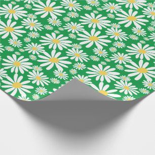 Retro Groovy Daisies Spring Pattern Kelly Green Wrapping Paper