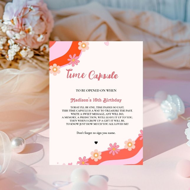 Retro Groovy Daisy baby shower time Capsule Poster Pedestal Sign (Creator Uploaded)