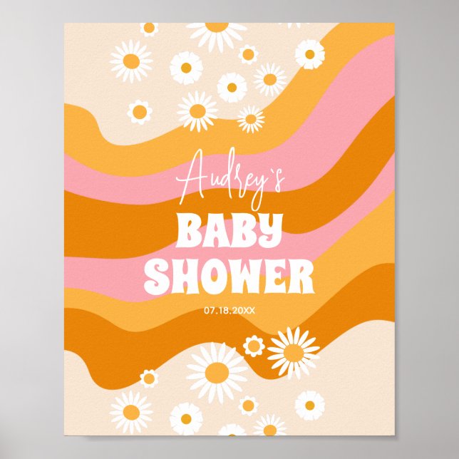 Retro Groovy Daisy Baby Shower Welcome Poster (Front)