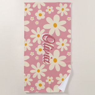 Retro groovy daisy boho desert pink personalized beach towel