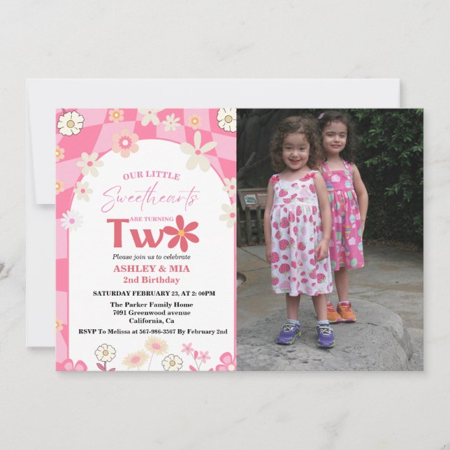 Retro Groovy Daisy Boho Twin 2nd Birthday Invitation (Front)