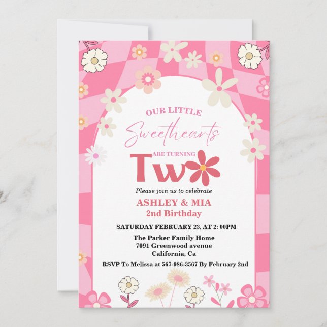 Retro Groovy Daisy Boho Twin 2nd Birthday Invitation (Front)