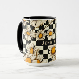 Retro Groovy Daisy Checkerboard Personalized Name Mug
