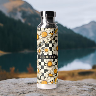 Retro Groovy Daisy Checkerboard Personalized Name Water Bottle