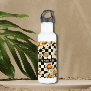 Retro Groovy Daisy Chequerboard Personalized Name 710 Ml Water Bottle
