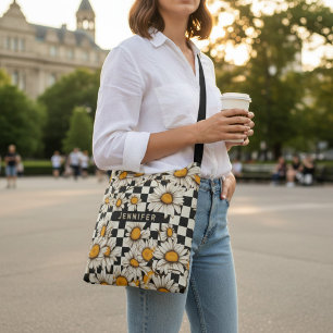 Retro Groovy Daisy Chequerboard Personalized Name Crossbody Bag