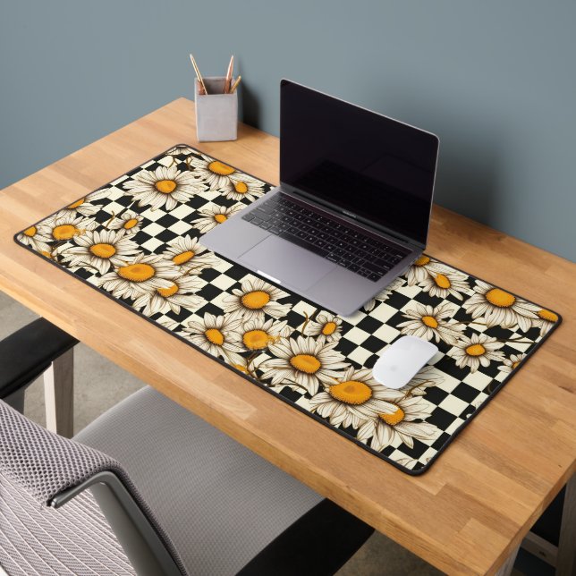 Retro Groovy Daisy Chequerboard Personalized Name Desk Mat (Office 2)