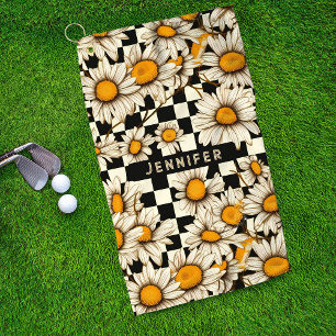 Retro Groovy Daisy Chequerboard Personalized Name Golf Towel