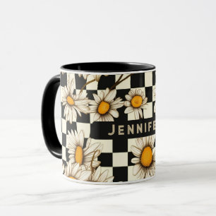 Retro Groovy Daisy Chequerboard Personalized Name Mug