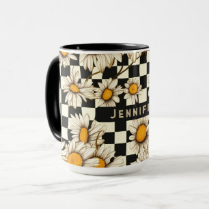 Retro Groovy Daisy Chequerboard Personalized Name Mug