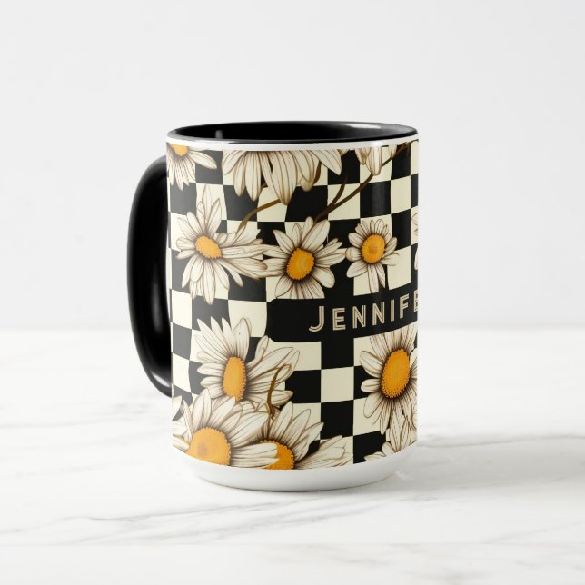 Retro Groovy Daisy Chequerboard Personalized Name Mug (Front Left)