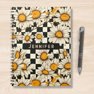 Retro Groovy Daisy Chequerboard Personalized Name Notebook