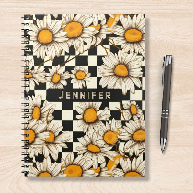 Retro Groovy Daisy Chequerboard Personalized Name Notebook (Creator Uploaded)