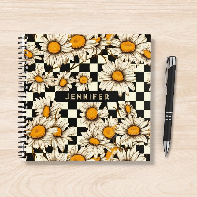 Retro Groovy Daisy Chequerboard Personalized Name Notebook (Creator Uploaded)