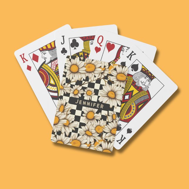 Retro Groovy Daisy Chequerboard Personalized Name Playing Cards (Creator Uploaded)