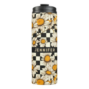 Retro Groovy Daisy Chequerboard Personalized Name Thermal Tumbler