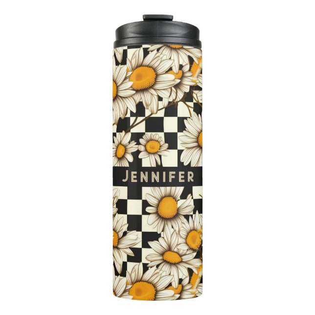 Retro Groovy Daisy Chequerboard Personalized Name Thermal Tumbler (Front)