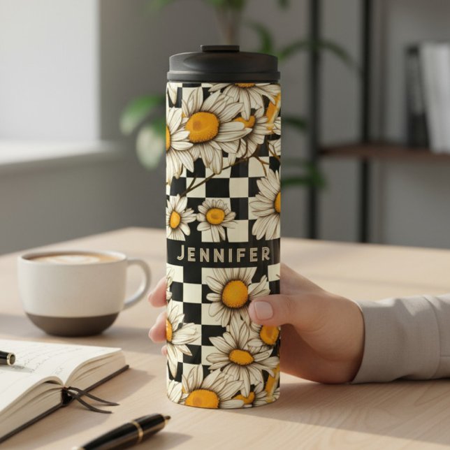 Retro Groovy Daisy Chequerboard Personalized Name Thermal Tumbler (Creator Uploaded)