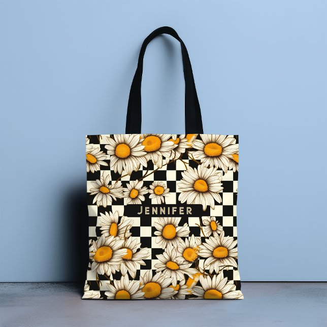 Retro Groovy Daisy Chequerboard Personalized Name Tote Bag (Creator Uploaded)