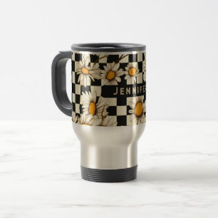 Retro Groovy Daisy Chequerboard Personalized Name Travel Mug