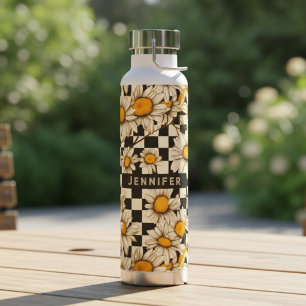 Retro Groovy Daisy Chequerboard Personalized Name Water Bottle