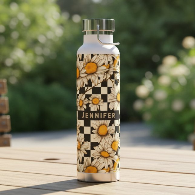 Retro Groovy Daisy Chequerboard Personalized Name Water Bottle (Creator Uploaded)