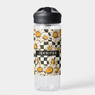 Retro Groovy Daisy Chequerboard Personalized Name Water Bottle