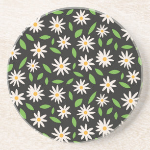 Retro Groovy Daisy flowers on Black Pattern  Coaster
