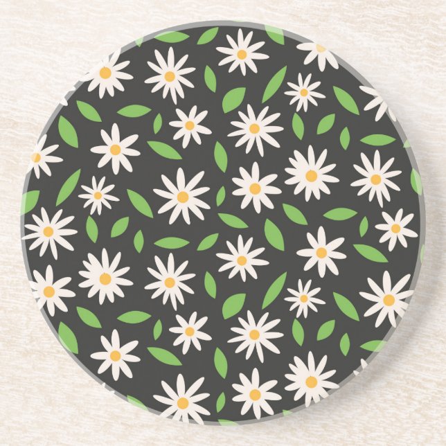 Retro Groovy Daisy flowers on Black Pattern  Coaster (Front)